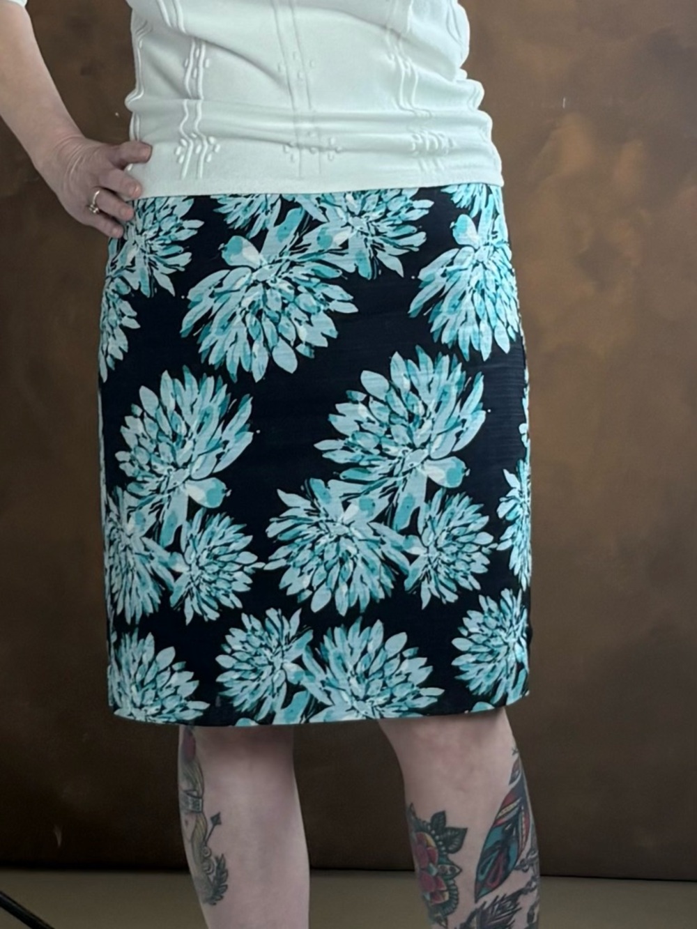 Ann Taylor Navy Pencil Skirt with Aqua Floral Print
